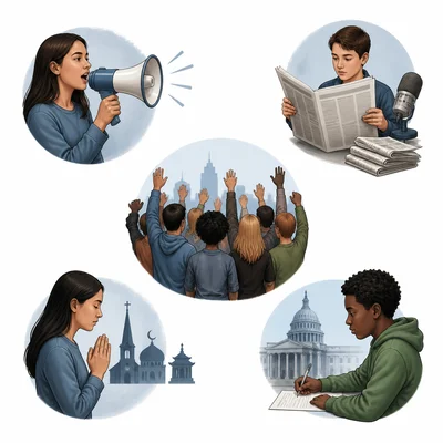 Icons representing freedoms such as speech, press, assembly, religion, and petition.