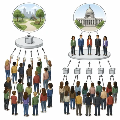 A wordless comparison of direct citizen voting and citizens choosing representatives.
