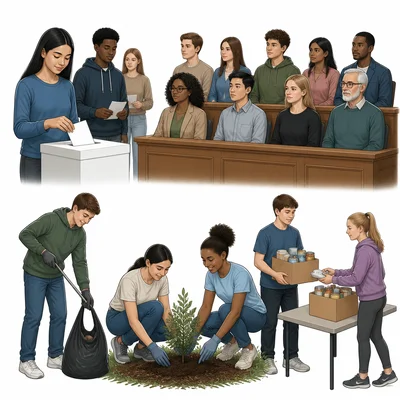 People voting, serving on a jury, and helping the community.