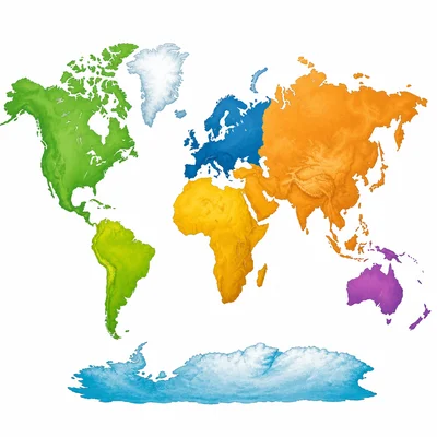 A colorful world map showing the seven continents without labels.
