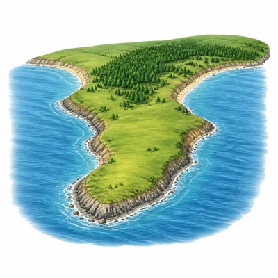 A landform extending into water on three sides, showing a peninsula.