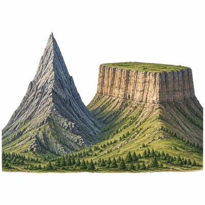A steep pointed mountain next to a high flat-topped plateau.