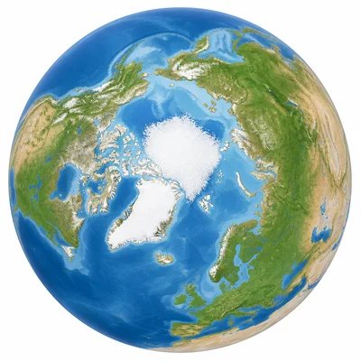 A polar view of Earth showing northern continents near the North Pole.