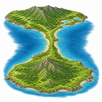 Two larger land areas connected by a narrow strip of land, showing an isthmus.