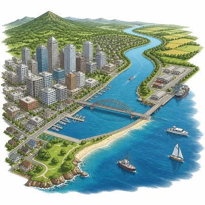 A city beside a river and coastline with boats, bridge, and nearby land.