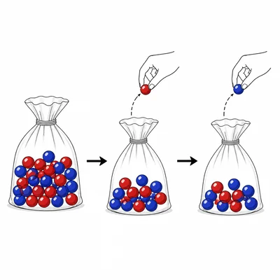 Marble bag sequence showing a red marble drawn first and a blue marble drawn second.