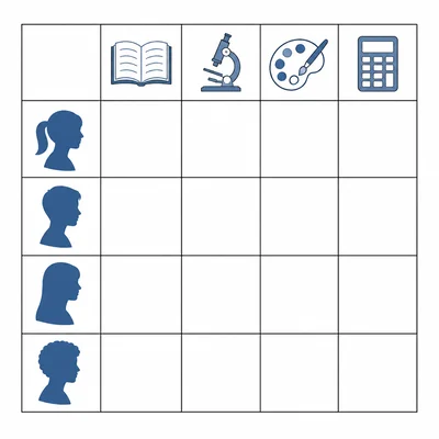 A two-way table diagram showing student groups compared with school subject categories.