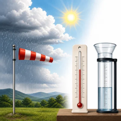 Weather conditions and tools such as clouds, rain, windsock, thermometer, and rain gauge.