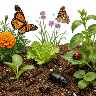 A school garden with ants, butterflies, beetles, and a ladybug.
