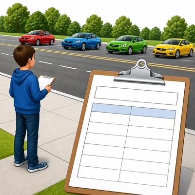 A student records colored cars on a blank data table with a title area and column headings.