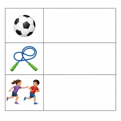 A blank tally chart with icons for soccer, jump rope, and tag.