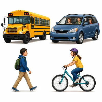 Four ways students get to school: bus, car, walking, and bicycle.