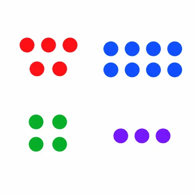 Four groups of colored dots representing red, blue, green, and purple student votes.