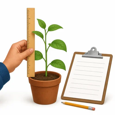A plant being measured with a ruler and recorded on a clipboard.