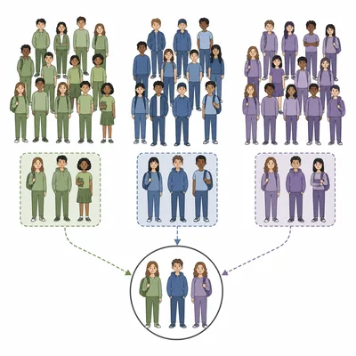 Three equal student groups each contributing an equal number of highlighted students to a sample.