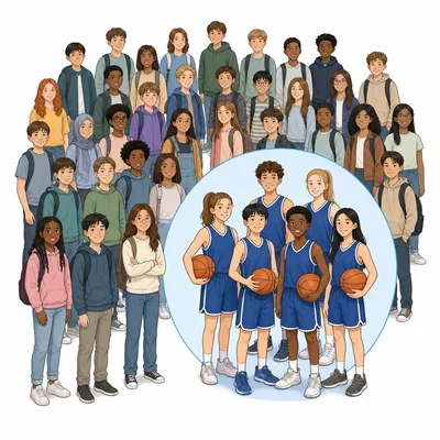 A large group of students with a smaller highlighted basketball team subgroup.