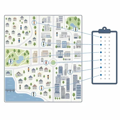 Residents spread across a city with evenly spaced selections from a list.