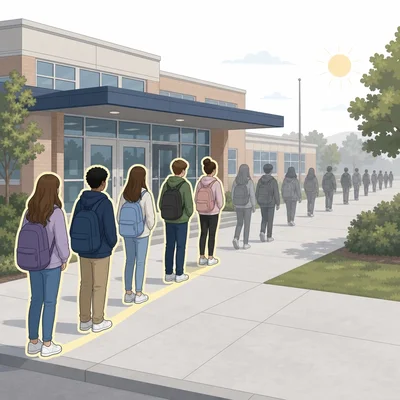 Early-arriving students at a school entrance highlighted as the selected sample.