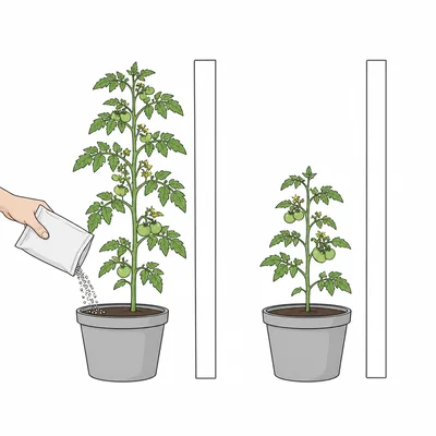 Two groups of tomato plants are compared, with fertilizer applied to one group and plant height measured.