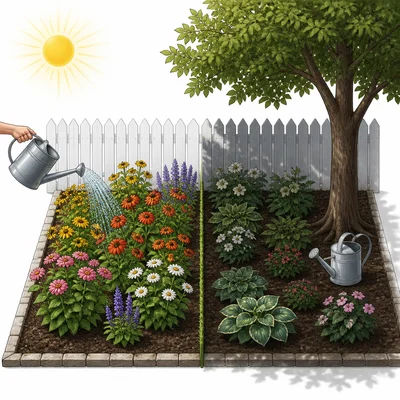 Flowers on a sunny side and a shady side receive different watering schedules, creating a confounding problem.