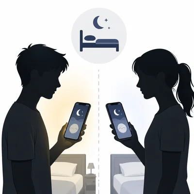 Participants use identical-looking phone apps, one with a real blue-light filter and one placebo, before sleep is measured.