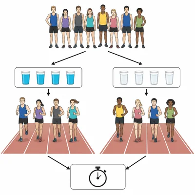 Runners are randomly assigned to drink sports drink or water before running endurance is measured.