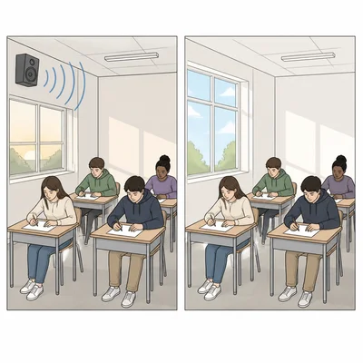Two class periods differ by music and time of day while students take quizzes.