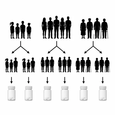 Patients are first grouped by age, then randomly split into drug and placebo groups within each age group.