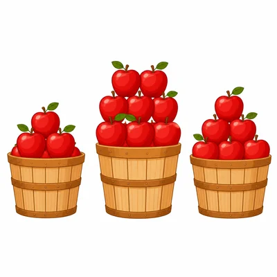 Three apple baskets with 5, 8, and 6 apples.