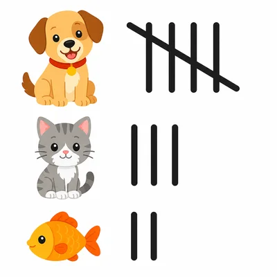 Tally chart with dog 5 tallies, cat 3 tallies, and fish 2 tallies.
