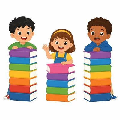 Three book stacks showing 7, 5, and 7 books.