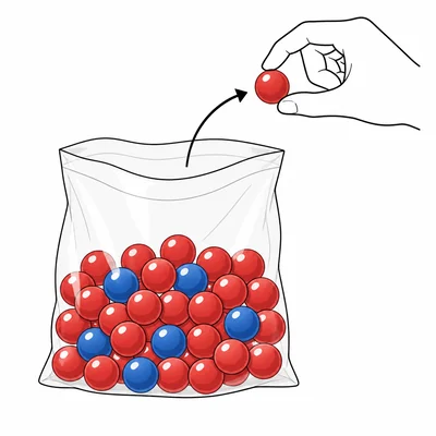 A bag with red and blue marbles and one marble being selected.