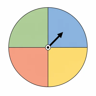 A spinner divided into four equal colored sections with a pointer.