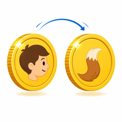 A coin showing two possible sides, one with a head icon and one with a tail icon.