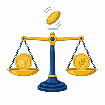A balanced scale showing heads and tails as equally likely outcomes.