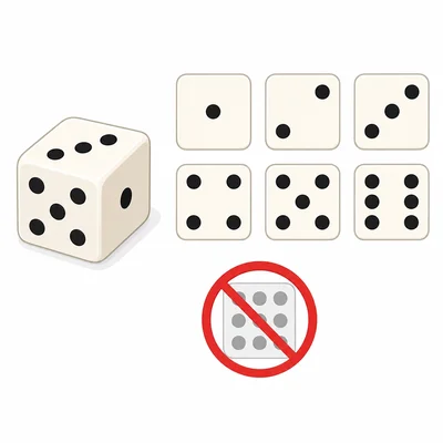 A number cube with its possible faces and a crossed-out impossible extra outcome.
