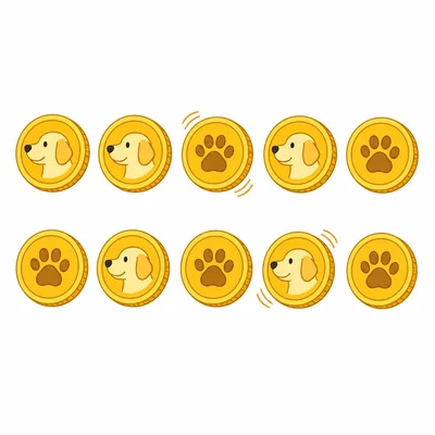 Ten coin flips shown with about half tails and half heads.