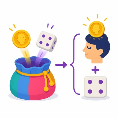 A coin and number cube used together, showing heads and four pips.