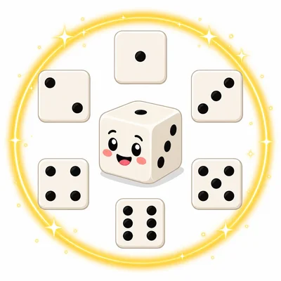 All six dice outcomes shown together to represent a certain event.