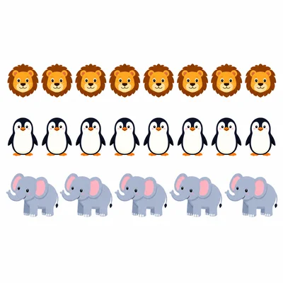Rows of lions, penguins, and elephants with lions and penguins equal.