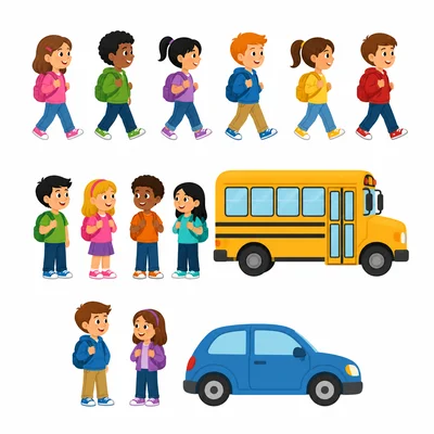 Groups of students walking, riding a bus, and riding in a car.