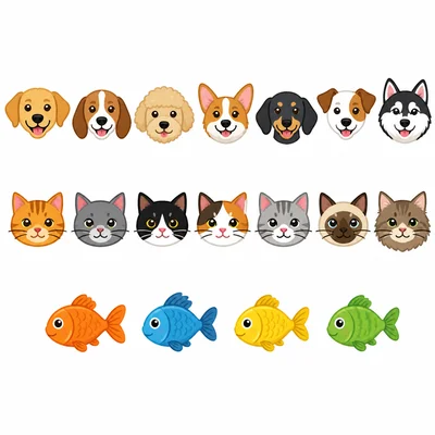 Rows of dog, cat, and fish icons with dog and cat rows the same length.