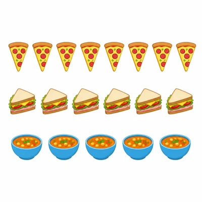 Rows of pizza slices, sandwiches, and soup bowls.