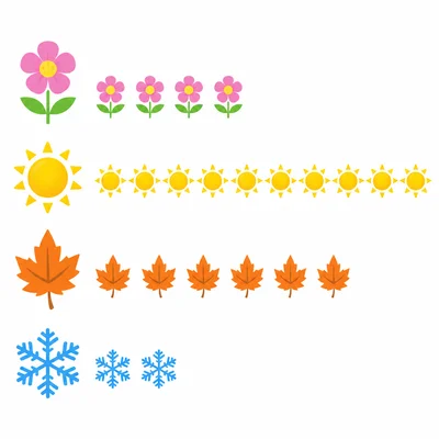 Season rows with spring flowers, summer suns, fall leaves, and winter snowflakes.