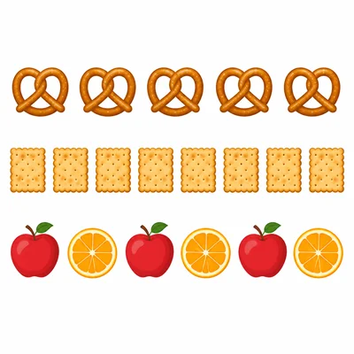Rows of pretzels, crackers, and fruit showing different amounts.
