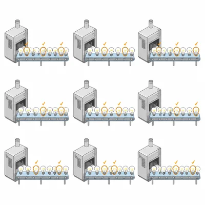 Light bulbs being sampled from multiple factory machines for inspection.