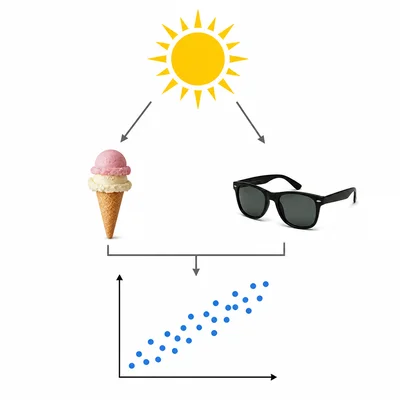 Sun icon pointing to ice cream and sunglasses, with a positive scatter plot below, suggesting correlation may have a common cause.