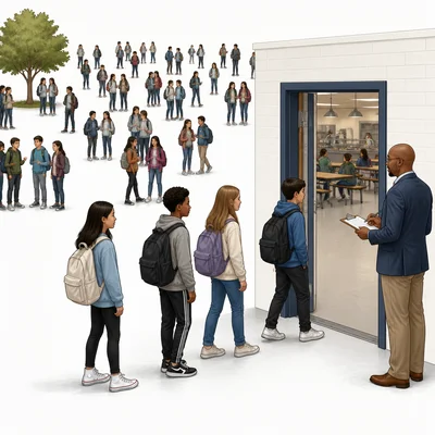 A principal surveys a small group of students entering a cafeteria while many other students are shown elsewhere.