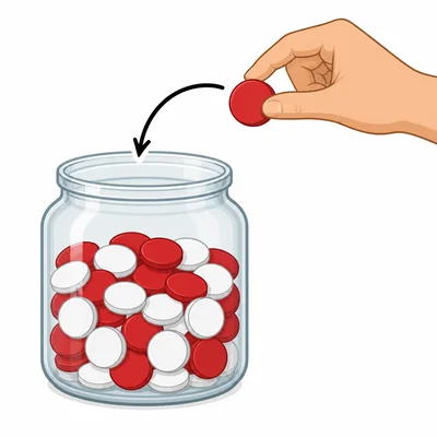 A red counter is drawn from a jar and returned to show drawing with replacement.