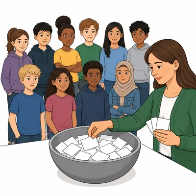 A teacher draws blank slips from a container to randomly select students.